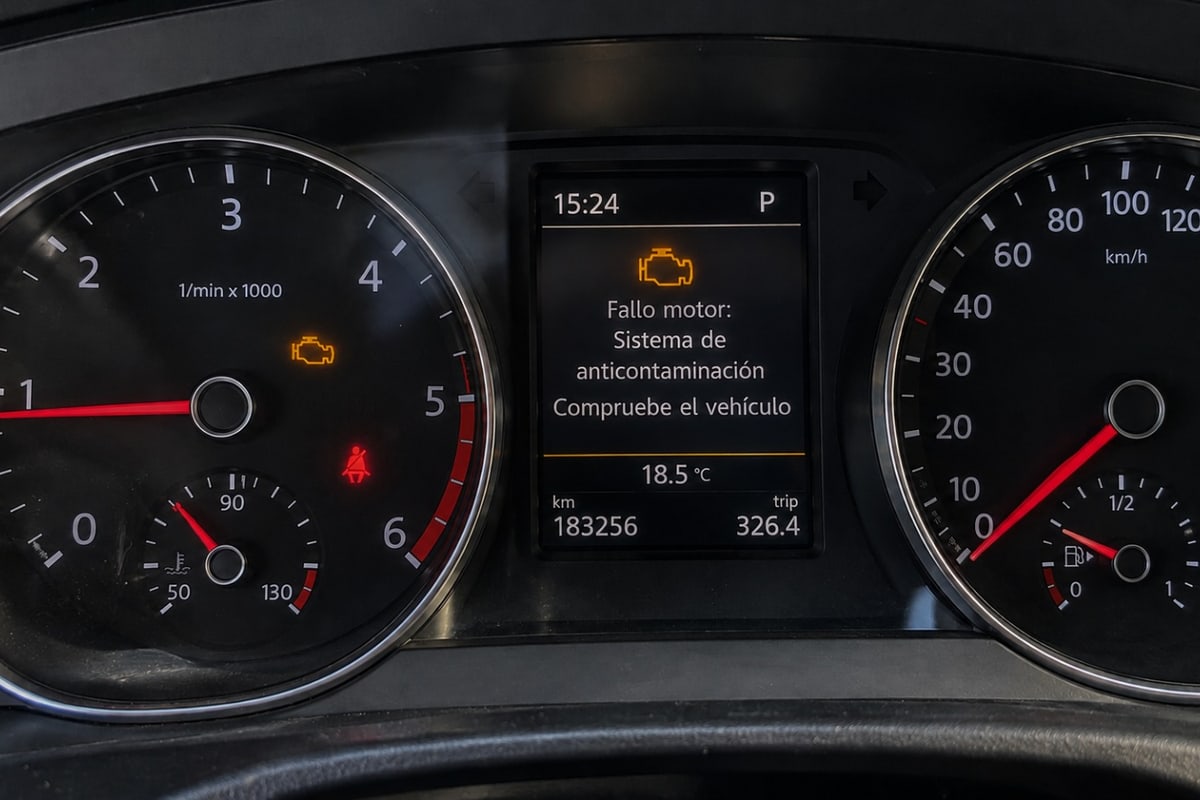 Cuadro de mandos de un coche con el testigo de fallo motor encendido y un aviso del sistema de anticontaminación en la pantal